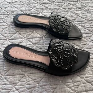 Alexander McQueen Black Leather
Studded Flower Applique Flat
Slides Size 37 1/2